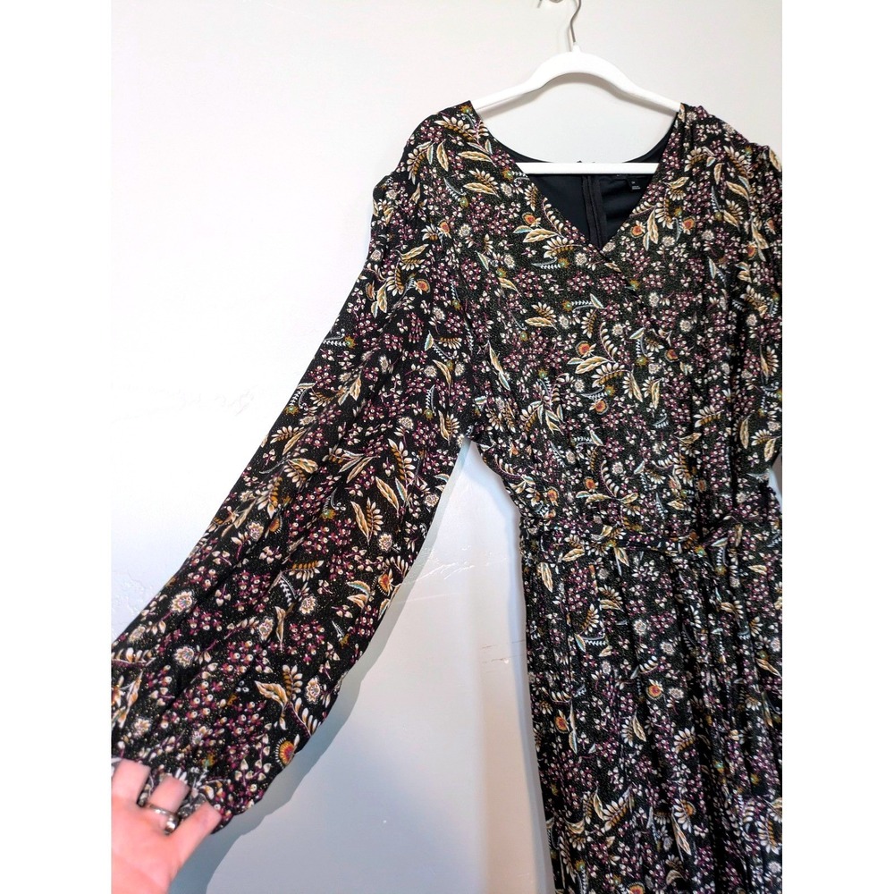Lane Bryant Midi Dress Womens 24 Black Floral Faux Wrap Long Sleeve V-Neck Boho
